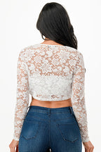 Lace, draped neckline, long sleeve, open front, cropped jacket.