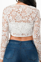 Lace, draped neckline, long sleeve, open front, cropped jacket.