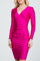 Women's DressesLong Sleeve Shiny Tricot Overlap Midi Dress - VacationGrabs