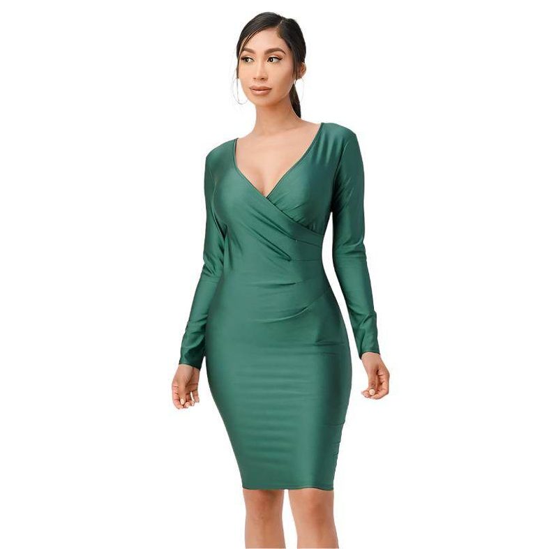 Long Sleeve Shiny Tricot Overlap Midi Dress - VacationGrabs