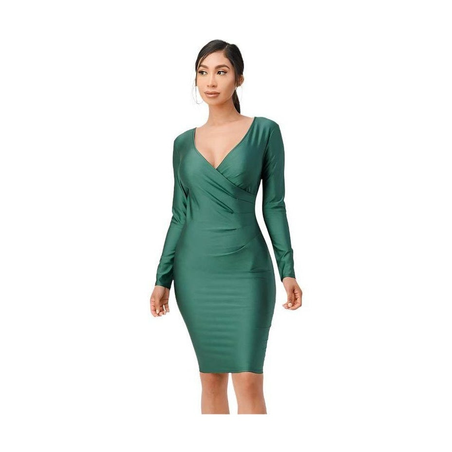 Long Sleeve Shiny Tricot Overlap Midi Dress - VacationGrabs