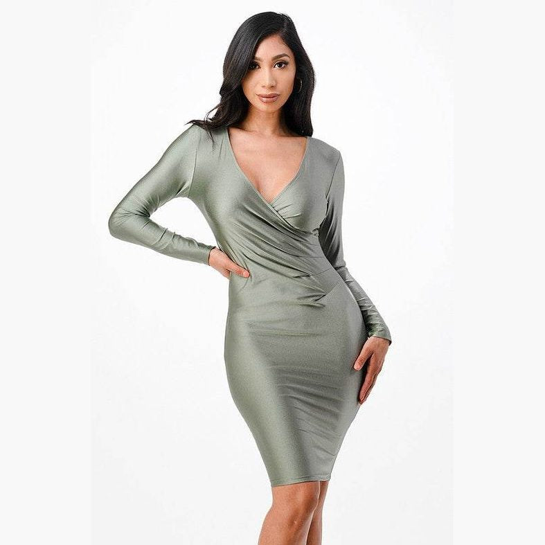 Long Sleeve Shiny Tricot Overlap Midi Dress - VacationGrabs