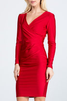 Women's DressesLong Sleeve Shiny Tricot Overlap Midi Dress - VacationGrabs