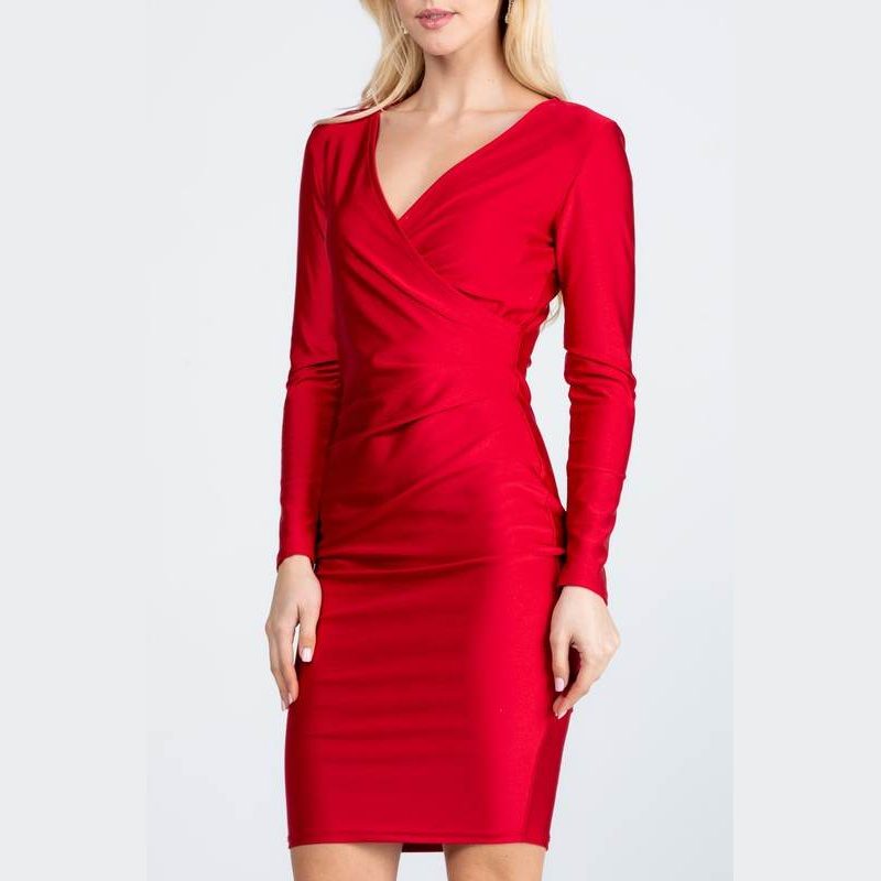 Long Sleeve Shiny Tricot Overlap Midi Dress - VacationGrabs