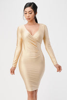 Women's DressesLong Sleeve Shiny Tricot Overlap Midi Dress - VacationGrabs