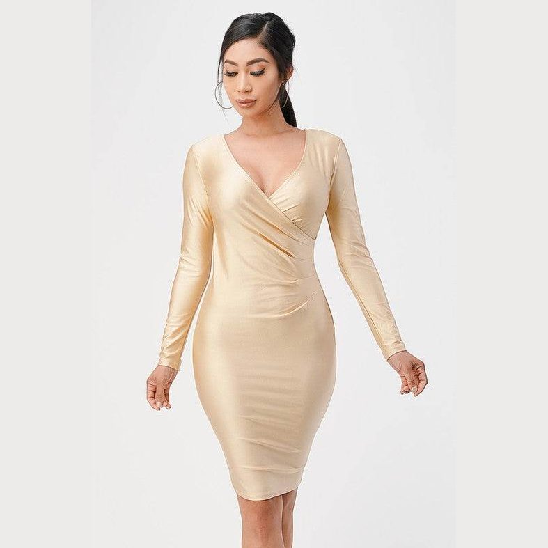 Long Sleeve Shiny Tricot Overlap Midi Dress - VacationGrabs