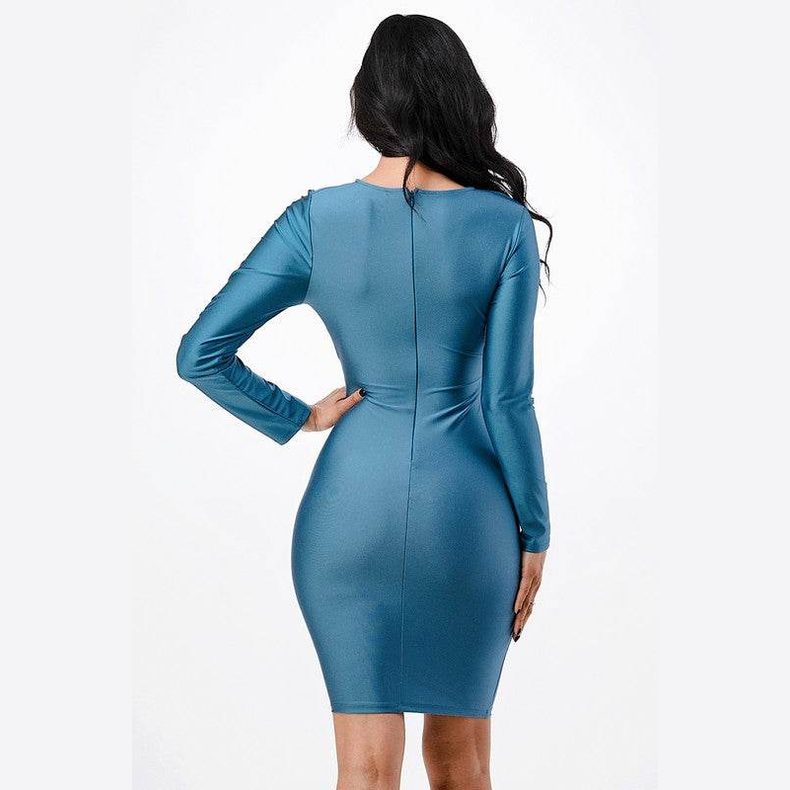 Long Sleeve Shiny Tricot Overlap Midi Dress - VacationGrabs