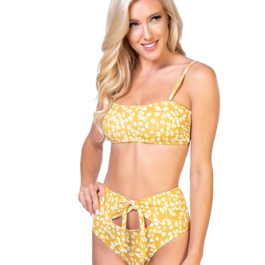 Women's Swimwear - 2PC Yellow Floral Bandeau Bikini Set