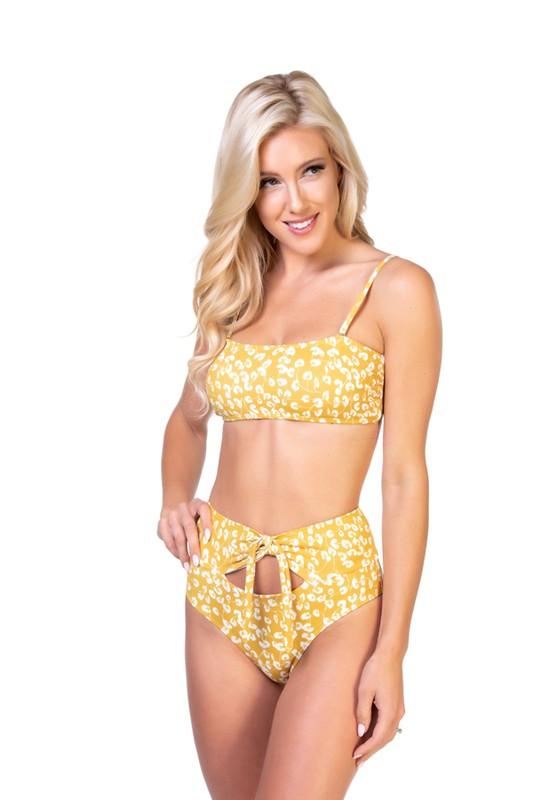 Women's Swimwear - 2PC Yellow Floral Bandeau Bikini Set