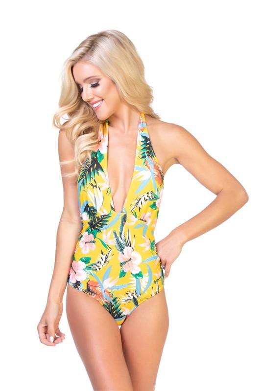 Women's Swimwear - 1PC Tropical Yellow One Piece Swimsuit