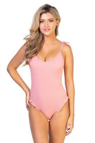 Women's Swimwear - 1PC Pink Ribbed Ruffle One Piece Swimsuit