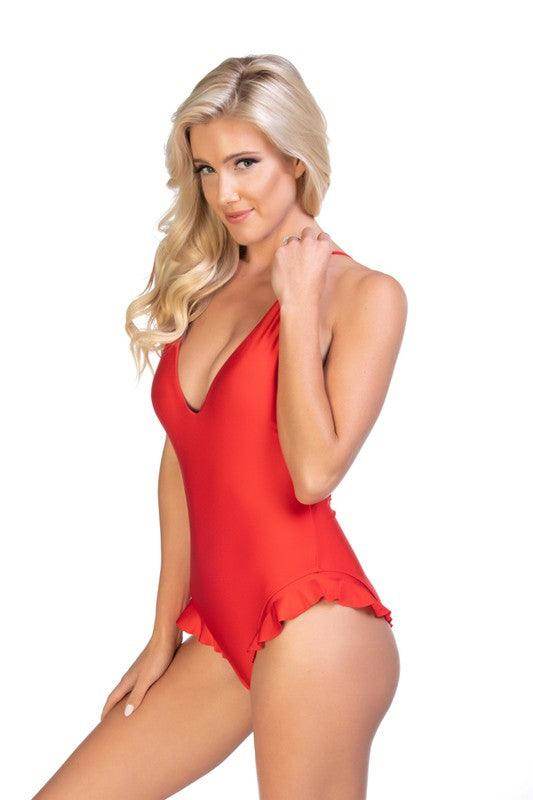 Solid One Piece Swimsuit With Ruffle Detail - VacationGrabs