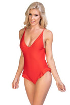 Women's Swimwear - 1PC Solid One Piece Swimsuit With Ruffle Detail