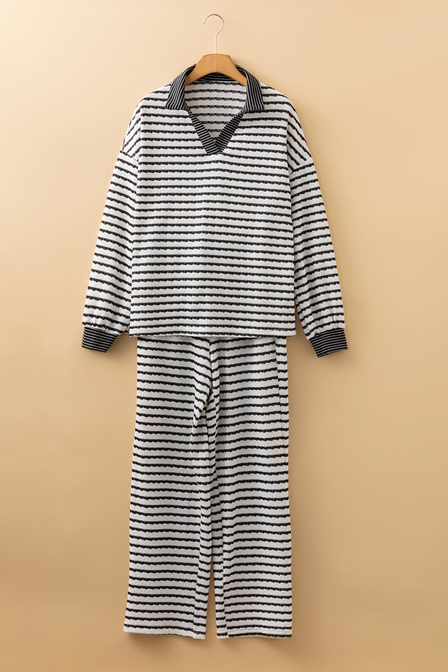 Stripe Collared Top and Drawstring Pants Set