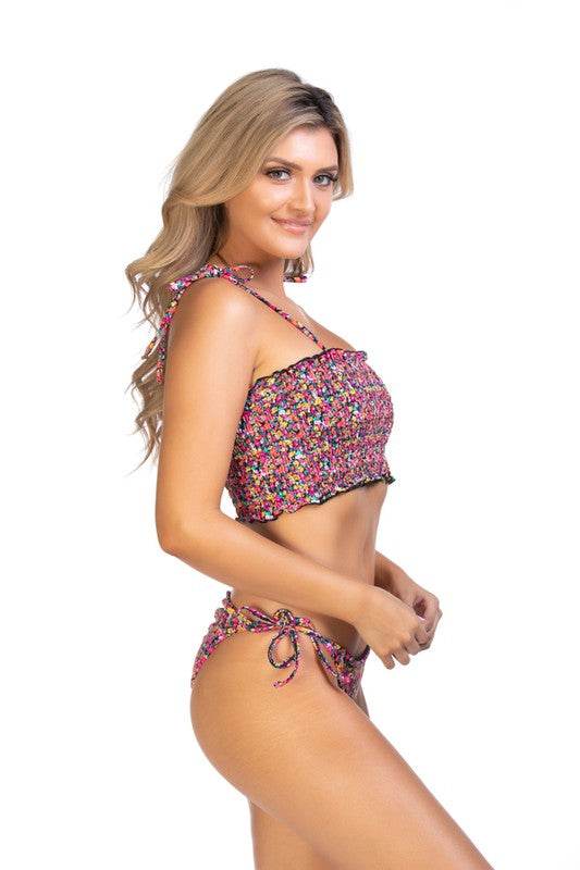 Floral Ruched Bikini Top And Tie Side Bottom Set - VacationGrabs