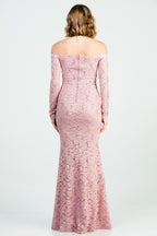 Long sleeve lace off the shoulder waist rhinestone detail mermaid gown