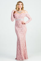 Long sleeve lace off the shoulder waist rhinestone detail mermaid gown