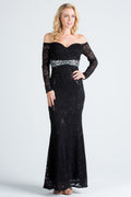 Long sleeve lace off the shoulder waist rhinestone detail mermaid gown