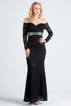 Long sleeve lace off the shoulder waist rhinestone detail mermaid gown