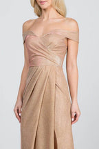 Off Shoulder Glittery Jacquard Gathered Gown - VacationGrabs