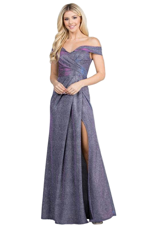 Off Shoulder Glittery Jacquard Gathered Gown - VacationGrabs