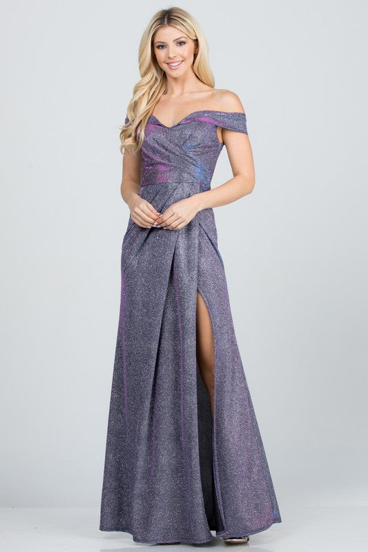 Women's DressesOff Shoulder Glittery Jacquard Gathered Gown - VacationGrabs