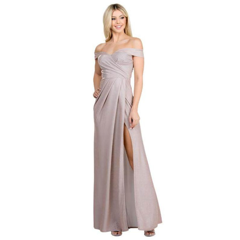 Off Shoulder Glittery Jacquard Gathered Gown - VacationGrabs