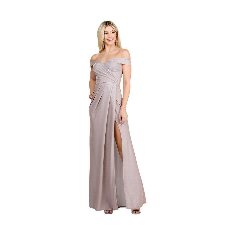 Off Shoulder Glittery Jacquard Gathered Gown - VacationGrabs