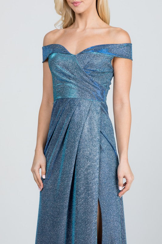 Women's DressesOff Shoulder Glittery Jacquard Gathered Gown - VacationGrabs