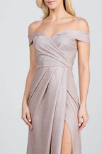Off Shoulder Glittery Jacquard Gathered Gown - VacationGrabs