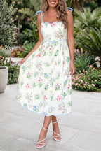 Floral Contrast Trim Tie Strap Midi Dress