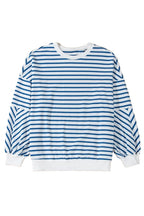Blue and white striped drop shoulder sweatshirt by JUNIPER BLVD with balloon sleeves for casual style