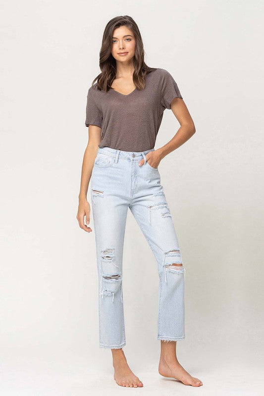 Women's JeansSuper High Rise Distressed Crop Straight Jeans - VacationGrabs