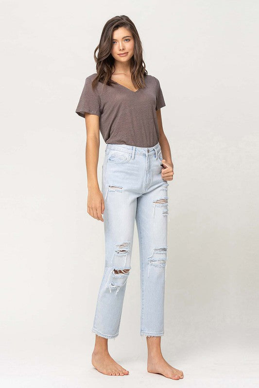 Women's JeansSuper High Rise Distressed Crop Straight Jeans - VacationGrabs