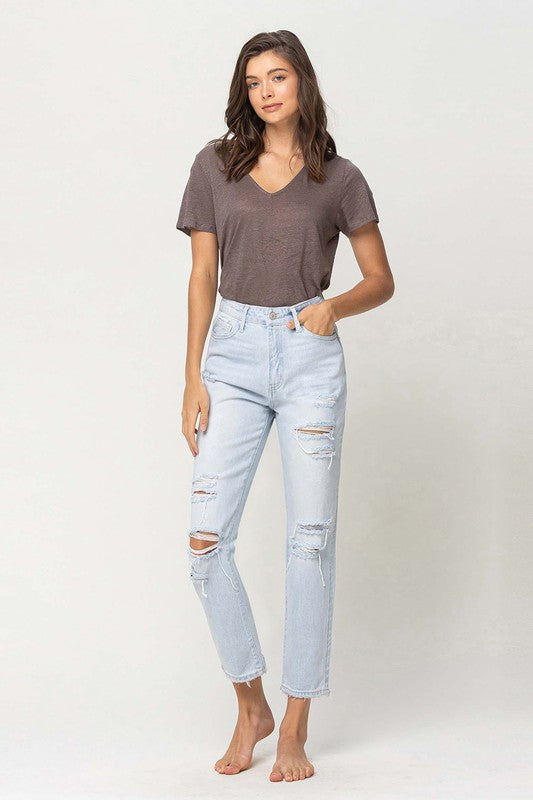 Women's JeansSuper High Rise Distressed Crop Straight Jeans - VacationGrabs