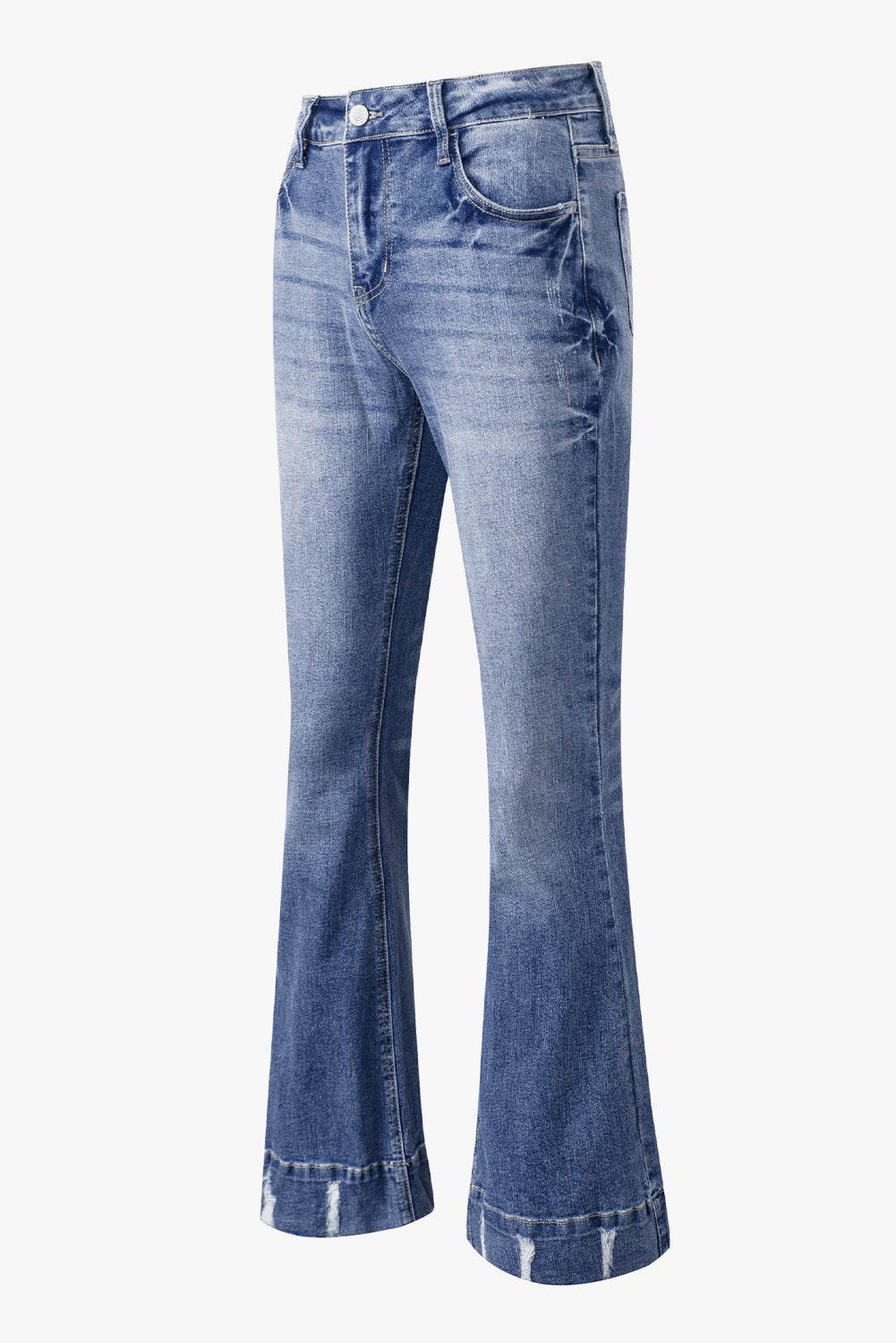 Sky Blue Slight Distressed Medium Wash Flare Jeans - VacationGrabs
