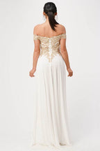 Plus Size Off Shoulder Chiffon Gown with Gold Lace - VacationGrabs