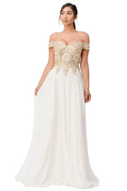 Plus Size Off Shoulder Chiffon Gown with Gold Lace - VacationGrabs
