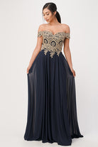 Women's DressesPlus Size Off Shoulder Chiffon Gown with Gold Lace - VacationGrabs