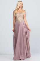 Women's DressesPlus Size Off Shoulder Chiffon Gown with Gold Lace - VacationGrabs