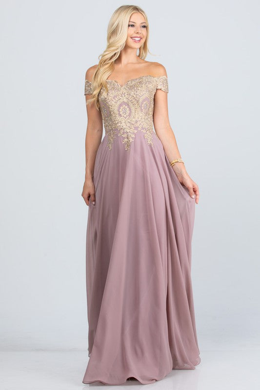 Women's DressesPlus Size Off Shoulder Chiffon Gown with Gold Lace - VacationGrabs