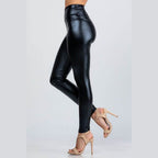 Jet black high waist shiny PU leather leggings - VacationGrabs