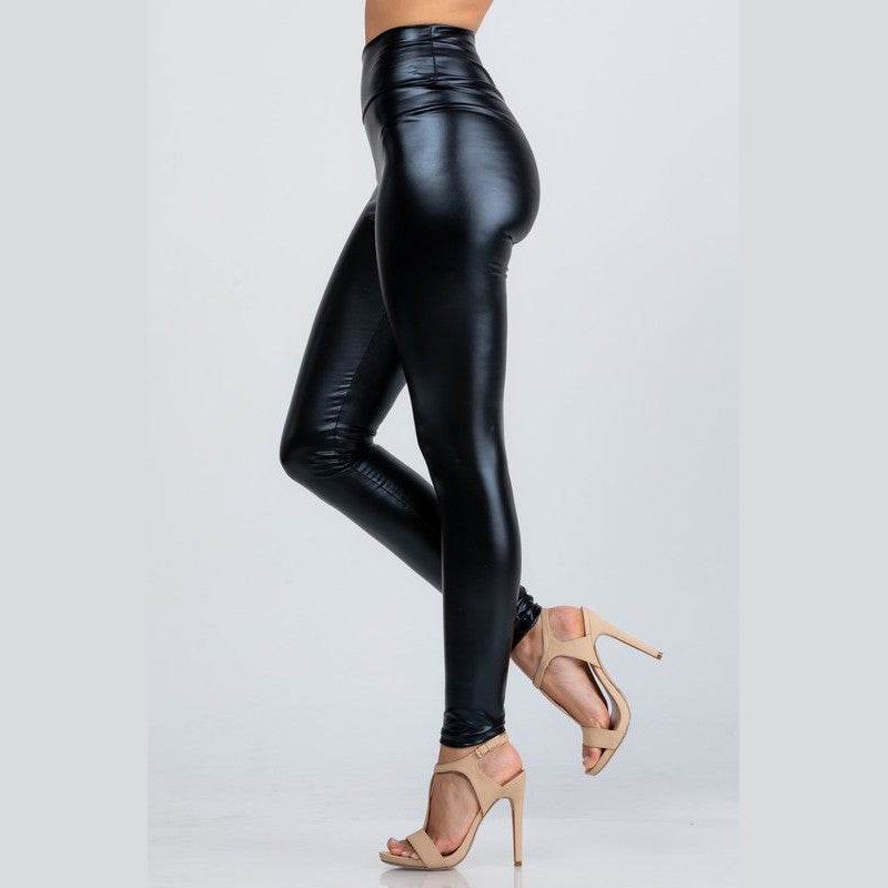 Jet black high waist shiny PU leather leggings - VacationGrabs
