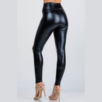 Jet black high waist shiny PU leather leggings - VacationGrabs