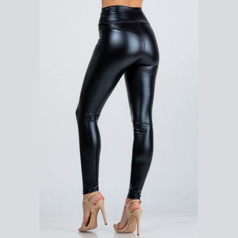 Jet black high waist shiny PU leather leggings - VacationGrabs