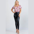 Jet black high waist shiny PU leather leggings - VacationGrabs