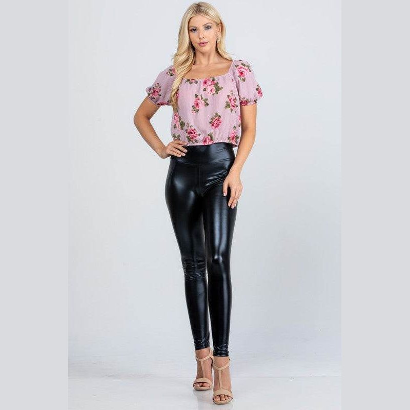 Jet black high waist shiny PU leather leggings - VacationGrabs