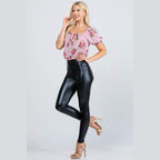 Jet black high waist shiny PU leather leggings - VacationGrabs