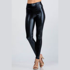 Jet black high waist shiny PU leather leggings - VacationGrabs