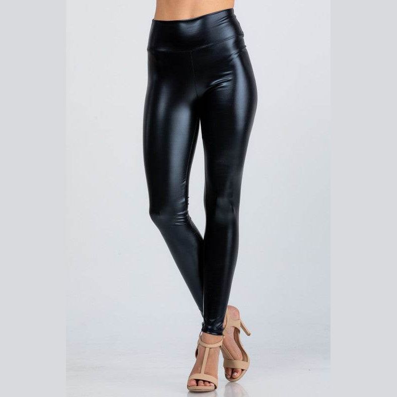 Jet black high waist shiny PU leather leggings - VacationGrabs